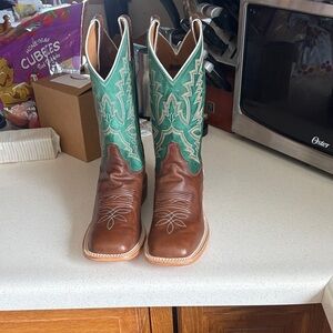 Justin Boots Brown Leather Western Boots with Teal Embroidered Shaft